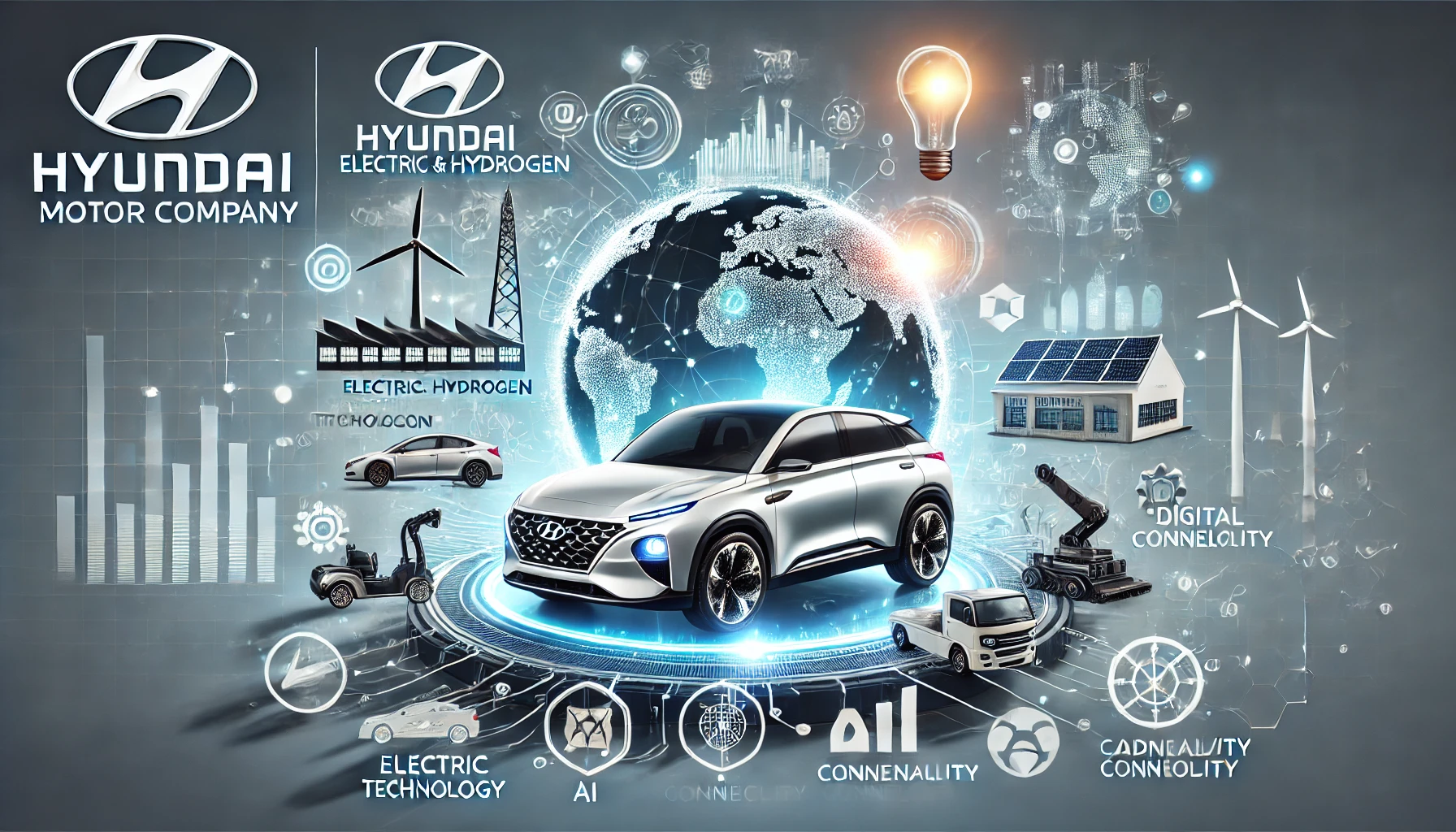 A modern Hyundai vehicle with electric and hydrogen technologies, surrounded by wind turbines, solar panels, a smart factory, and global market highlights.