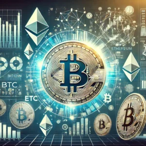 High-quality image of Bitcoin, Ethereum, Litecoin, and stock charts for SEO-optimized cryptocurrency investment content.