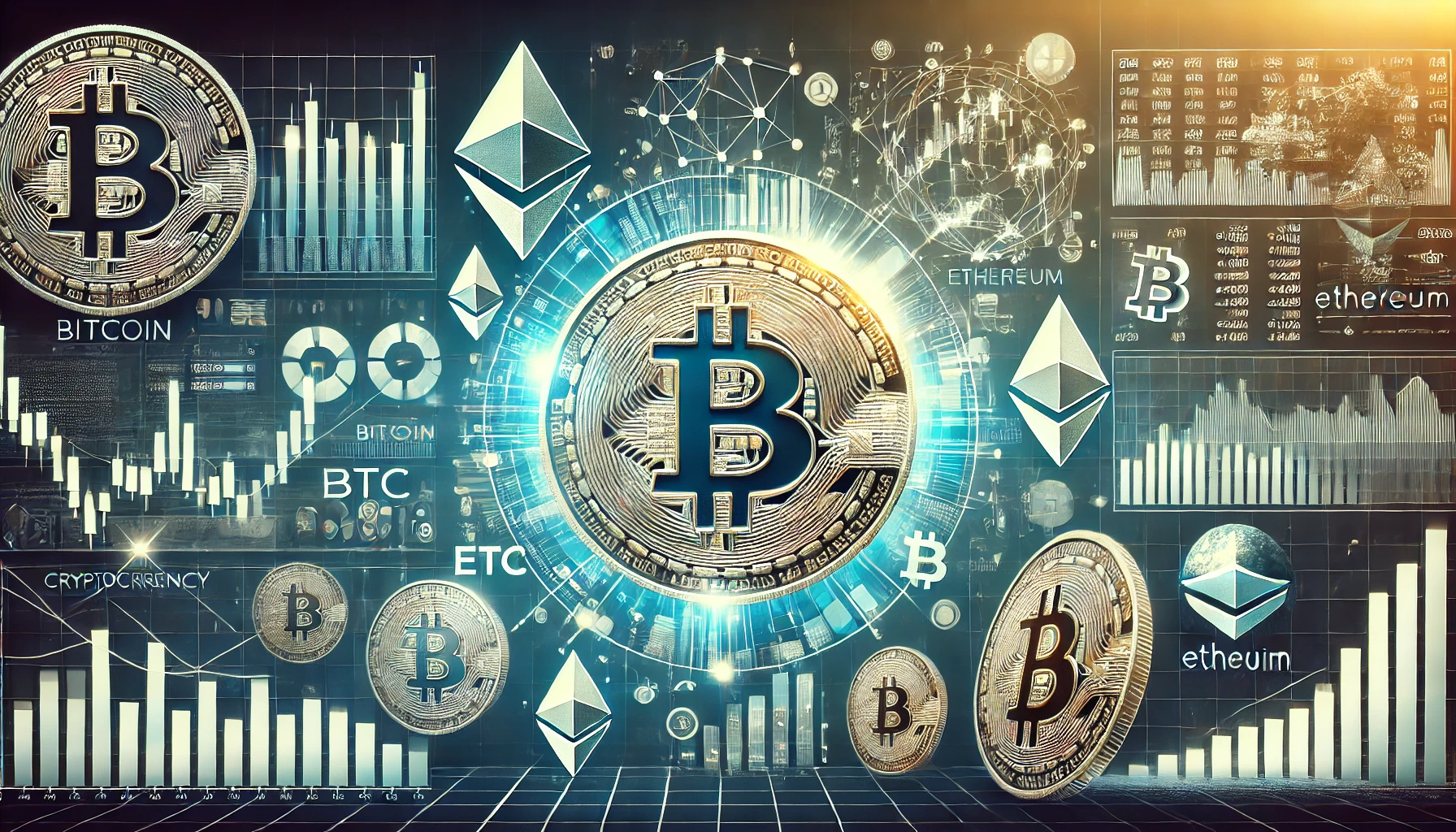High-quality image of Bitcoin, Ethereum, Litecoin, and stock charts for SEO-optimized cryptocurrency investment content.