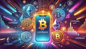 Cryptocurrency icons and the Coinbase app interface on a glowing smartphone, symbolizing the fast-paced crypto market.