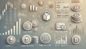 Icons representing cryptocurrency trading features like security, fees, and asset variety with a simple comparison chart.