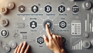 Icons representing cryptocurrency app features such as security, fees, user experience, and available cryptocurrencies for comparison.