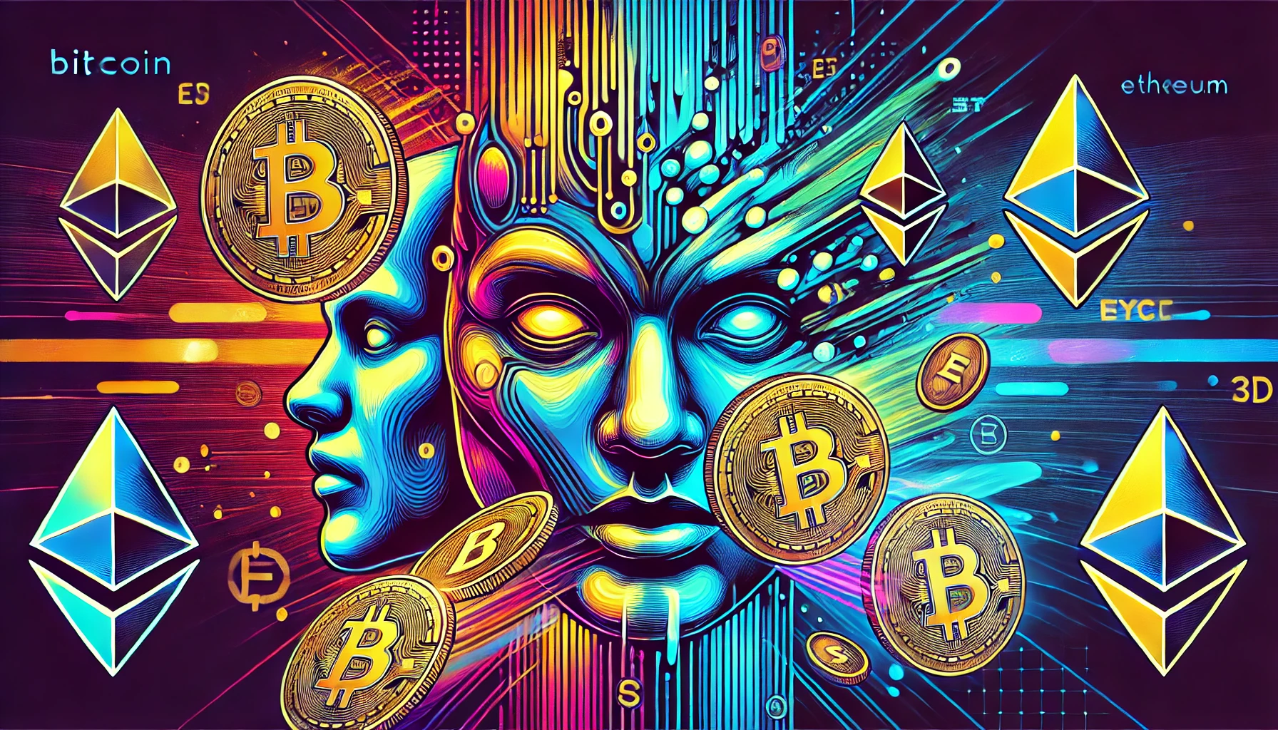 Dynamic cryptocurrency symbols like Bitcoin, Ethereum, and Litecoin surrounded by glowing digital elements, symbolizing the fast pace of the crypto market.