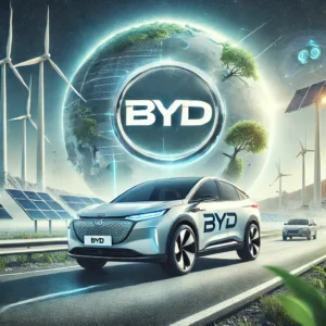 BYD Chinese Electric Vehiclesrepresenting innovation and sustainability with a modern electric car, wind turbines, and solar panels in the background.