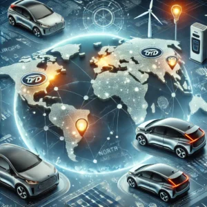 World map with key markets for BYD electric vehicles highlighted, featuring electric cars and renewable energy icons.