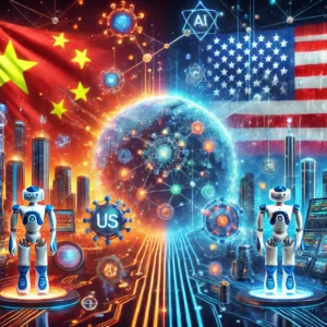 The Rise of Chinese AI:Global AI race featuring the flags of China and the U.S., with futuristic technology symbols like glowing data networks and robots.