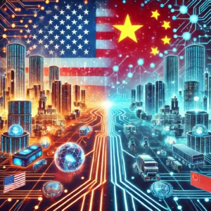 Illustration showing the AI development gap between the U.S. and China, connected by a glowing data bridge with advanced technology on both sides.