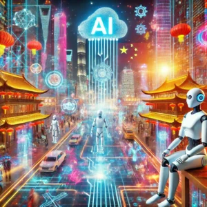 Eye-catching futuristic image of China's AI innovation, featuring neon-lit cities, robots, holographic interfaces, and smart technology.