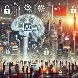 China AI and Data Privacy: futuristic cityscape with AI symbols and a representation of China's data and privacy integration.