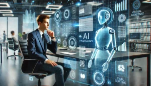 AI virtual assistant in a modern business office managing tasks like scheduling, email filtering, and data analytics with a holographic interface.