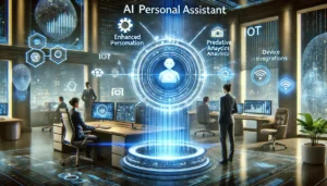 Futuristic office where AI personal assistants integrate with IoT devices, providing predictive analytics and personalized insights for business professionals.