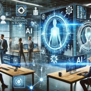 Dynamic representation of AI virtual assistants revolutionizing business, with professionals interacting with holographic AI interfaces to manage tasks and gain data insights.