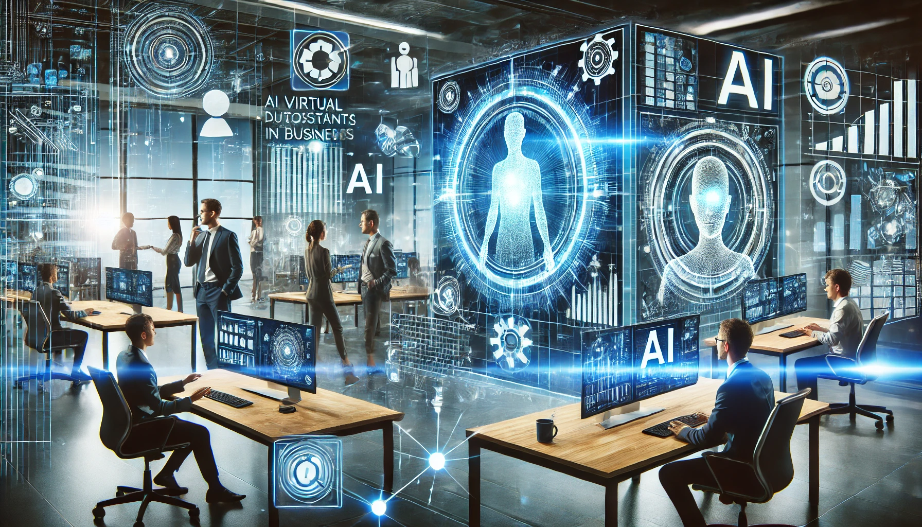 Dynamic representation of AI virtual assistants revolutionizing business, with professionals interacting with holographic AI interfaces to manage tasks and gain data insights.
