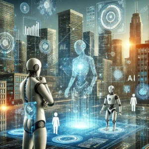 artificial general intelligence companies: Human and robot collaborating on AI research in a futuristic cityscap