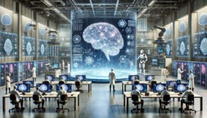 Scientists researching AGI in a futuristic lab with neural networks and AI simulations