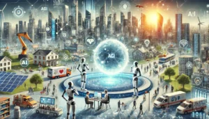 Futuristic city showcasing the potential impact of AGI on healthcare, education, and industry