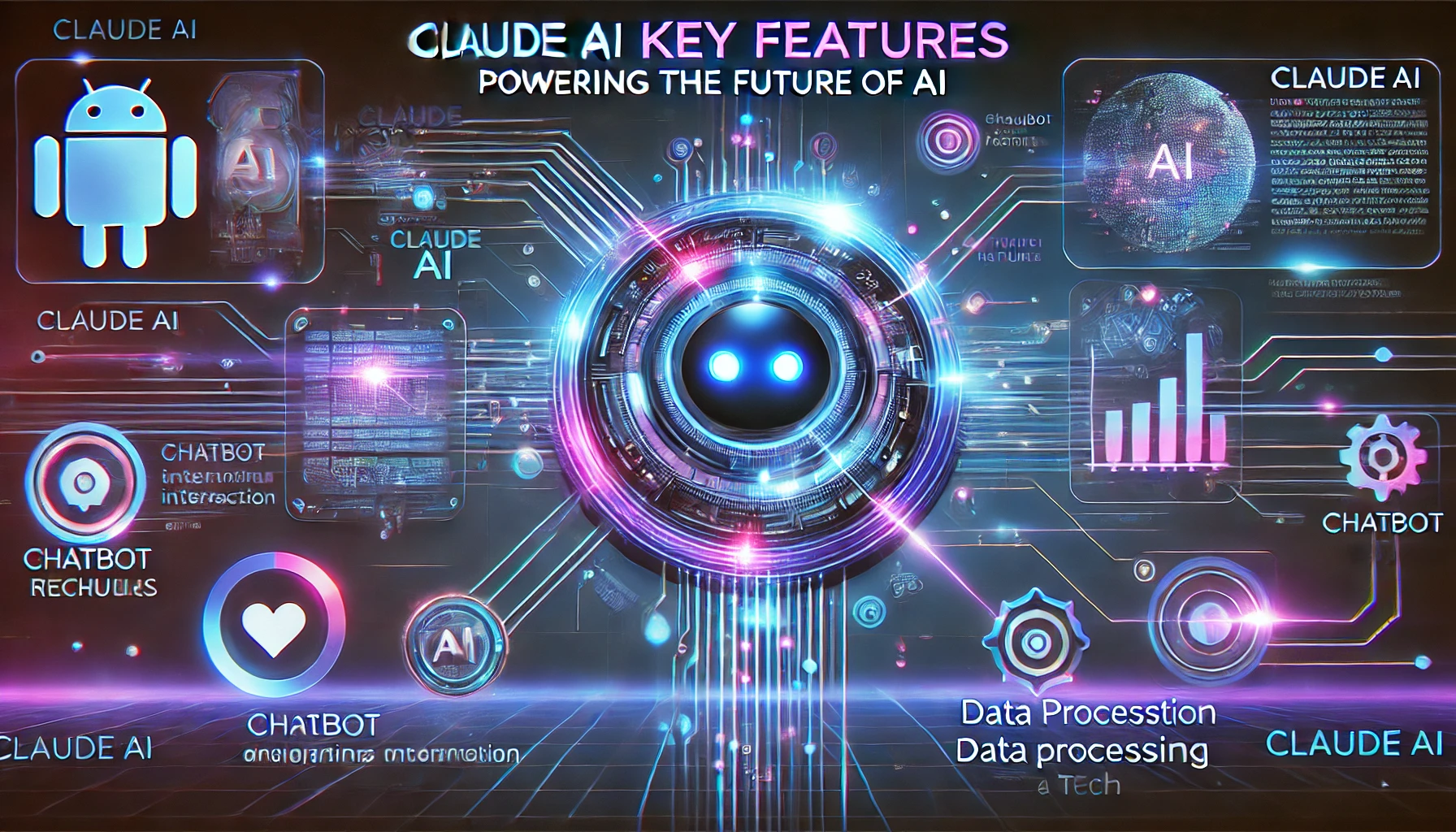 Claude AI Key Features - High-tech digital interface with AI circuits and chatbot interactions