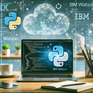 Modern workspace with a laptop displaying Python-based machine learning code and the IBM Watson logo, symbolizing cloud-based machine learning.