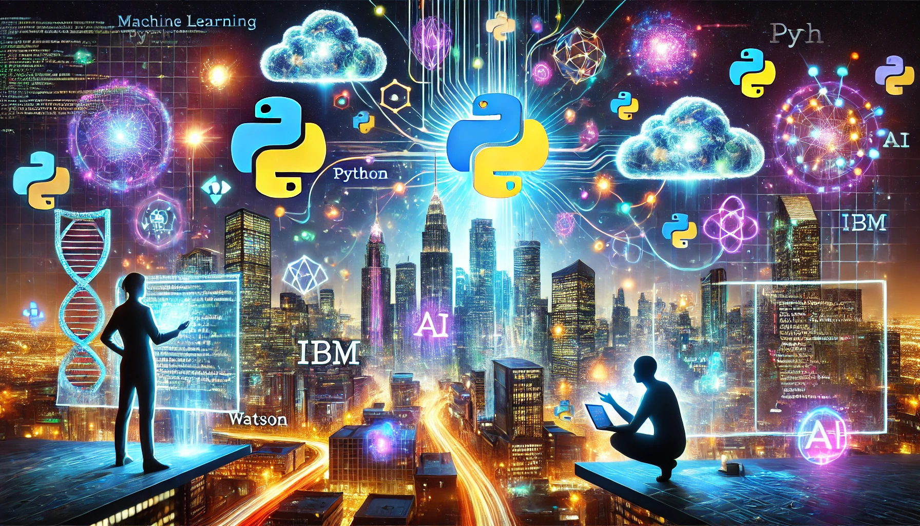 Futuristic cityscape with holographic data streams and machine learning models floating in the air, representing the power of IBM Machine Learning with Python.