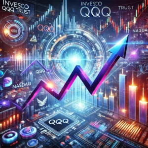 A dynamic and futuristic stock market graphic with Nasdaq-100 financial elements, glowing candlestick charts, and tech company icons.