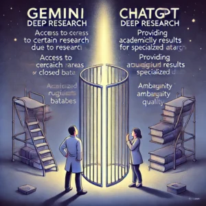 Comparison of limitations in Gemini Deep Research and ChatGPT, showing database access vs. academic rigor.