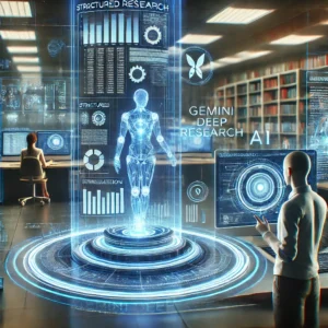 Futuristic research workspace with AI-driven holographic data screens displaying structured research information.