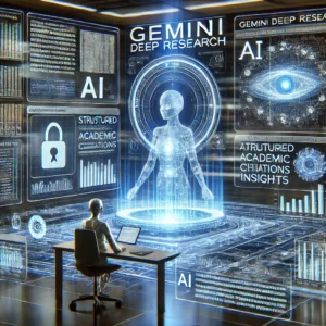 AI research assistant analyzing structured data on floating holographic screens, representing Gemini Deep Research’s data processing capabilities.