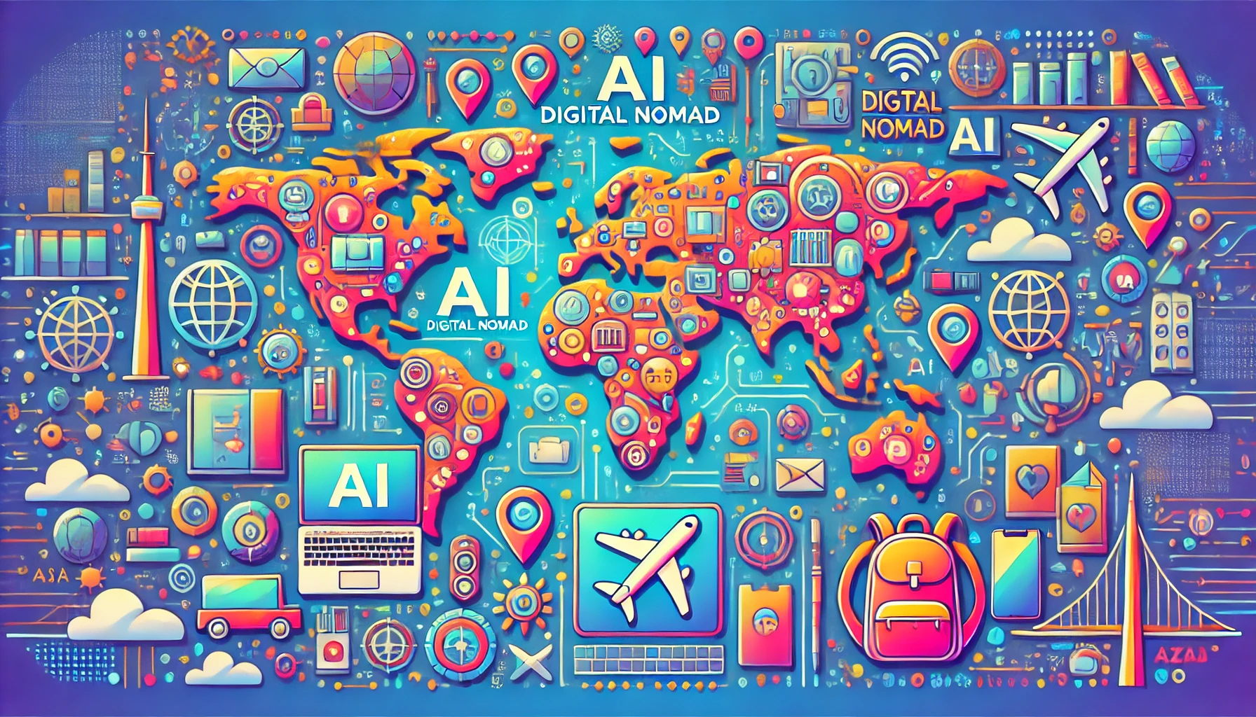 Vibrant illustration representing the AI digital nomad lifestyle with a global map, tech devices, travel essentials, and bright, modern visuals.