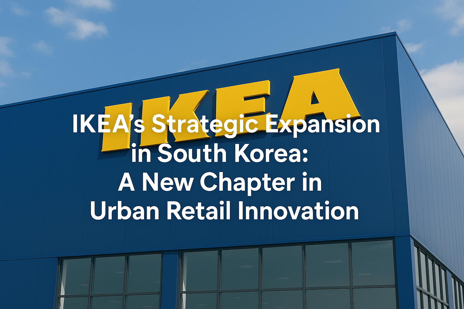 A modern IKEA building in Seoul with the company’s bold yellow logo on a blue facade, symbolizing urban retail expansion in South Korea.
