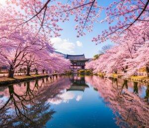 Pink cherry blossoms surrounding the traditional Bomun Pavilion, reflected in the calm waters of Bomun Lake in Visit Gyeongju