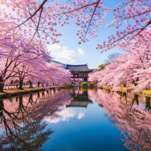 Pink cherry blossoms surrounding the traditional Bomun Pavilion, reflected in the calm waters of Bomun Lake in Visit Gyeongju