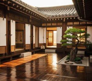 Sunlit courtyard of a traditional Jeonju hanok guesthouse with dark wood floors and serene atmosphere.