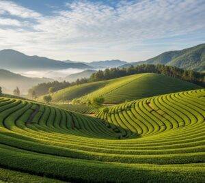 A stunning panoramic view of the rolling hills at the Daehan Dawon Tea Plantation in Boseong, South Korea.