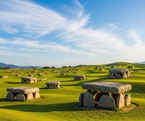 A panoramic view of the Gochang Dolmen Sites in South Korea, showing dozens of ancient megalithic tombs scattered across a vast, green field under a clear blue sky.