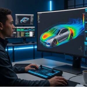An engineer analyzing a complex 3D computational fluid dynamics (CFD) simulation of a futuristic car on a computer screen.
