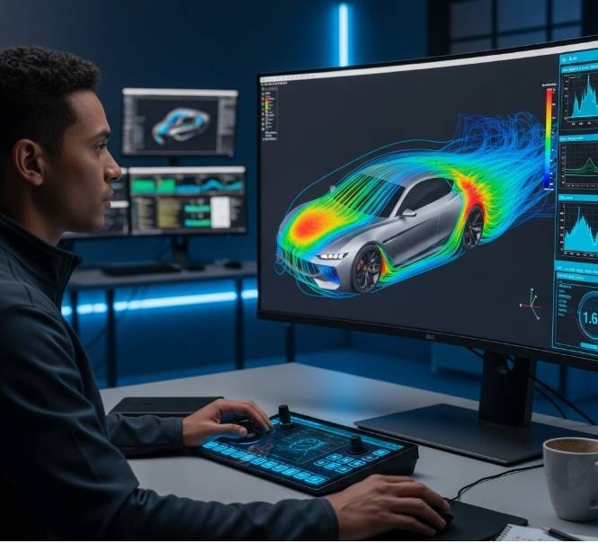 An engineer analyzing a complex 3D computational fluid dynamics (CFD) simulation of a futuristic car on a computer screen.