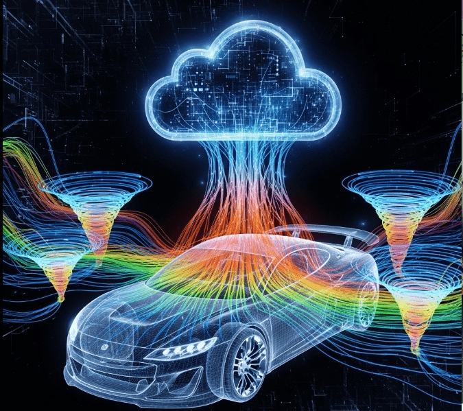 Conceptual art of a futuristic car undergoing a CFD simulation, with data streams flowing into a cloud icon, symbolizing cloud-based engineering.