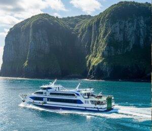 A modern passenger ferry sailing past the rugged, green cliffs of Ulleungdo Island on a sunny day.