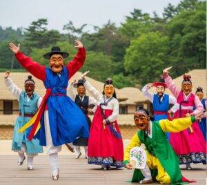 Several performers in colorful traditional costumes and expressive wooden masks are captured mid-dance during a vibrant Hahoe Mask Dance (Byeolsingut Talnori) performance outdoors in Andong.