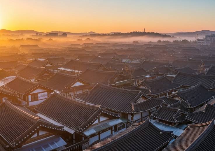 Panoramic sunrise view over the traditional tiled rooftops of Jeonju Hanok Village in South Korea, with mist rising.