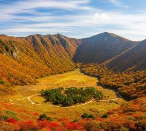 An aerial view of Nari Basin on Ulleungdo Island during autumn, surrounded by vibrant red and orange foliage. 