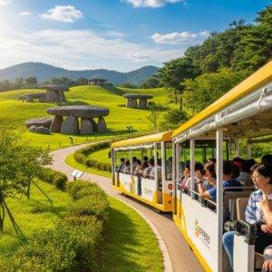 The tourist tram, full of visitors, winding its way through the Gochang Dolmen Historical Park, with several megalithic dolmens visible in the background.