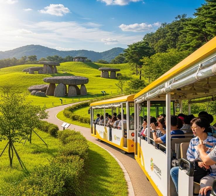The tourist tram, full of visitors, winding its way through the Gochang Dolmen Historical Park, with several megalithic dolmens visible in the background.