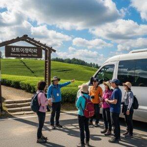 A small group of tourists with a guide standing near a comfortable tour van at the entrance to the Boseong green tea fields.