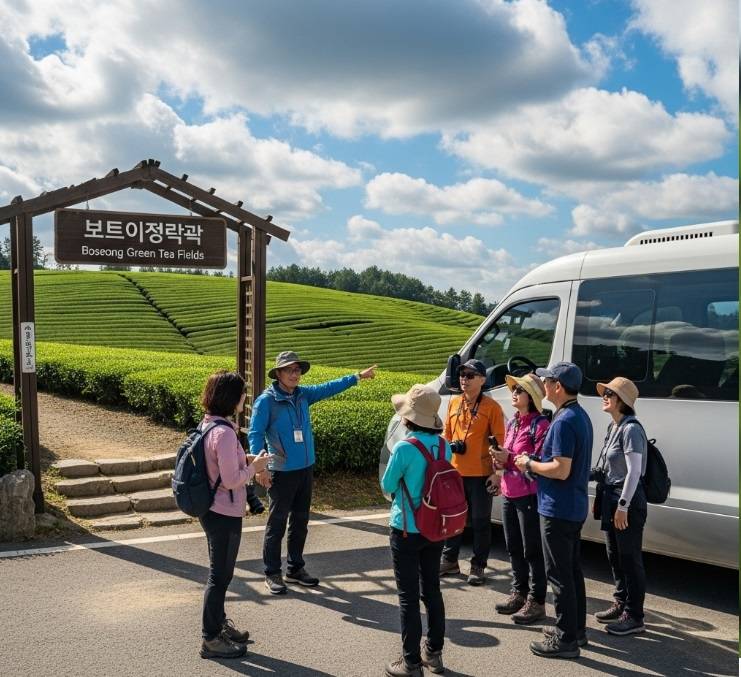 A small group of tourists with a guide standing near a comfortable tour van at the entrance to the Boseong green tea fields.