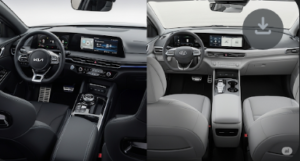 A side-by-side comparison of the Kia EV6 vs Hyundai Ioniq 5 interiors, highlighting their contrasting dashboard designs.