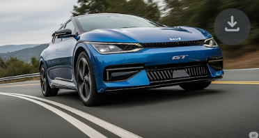 A dynamic, low-angle action shot of the high-performance Kia EV6 GT driving on a winding road.