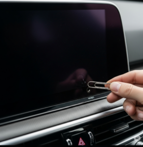  A close-up of a hand with a paperclip pointing at the reset pinhole on a blank Kia Telluride infotainment screen.