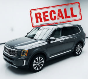 A high-contrast image of a dark gray Kia Telluride with a large, bold red "RECALL" stamp digitally overlaid on the top right.