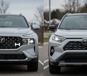 A side-by-side front view of a 2024 Hyundai SantaFe vs a 2024 Toyota RAV4 (right), highlighting their distinct exterior designs.